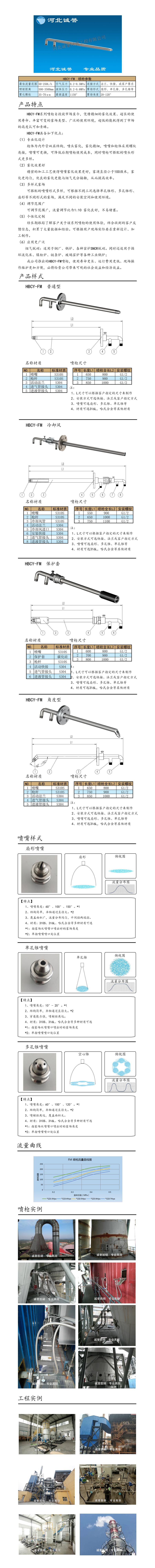 電廠脫硝噴槍保護(hù)套、噴槍參數(shù)、材質(zhì)尺寸、流量分布圖、扇形空心錐俯視圖介紹，以及噴槍霧化視頻展示和工程案例介紹