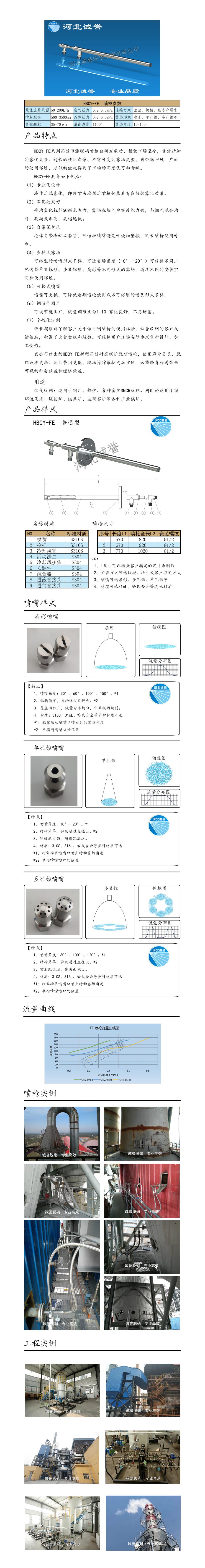 脫硝噴槍、保護套、噴槍參數(shù)、材質(zhì)尺寸、流量分布圖、扇形空心錐俯視圖介紹，以及噴槍霧化視頻展示和工程案例介紹